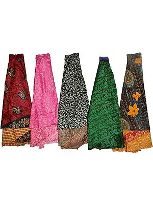 Lot of Five Wrap-Around Double Layered Vintage Sari Magic Skirts with Floral Print