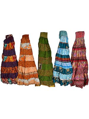 Lot of Five Printed Patchwork Sari Skirts with Wide Elastic Waist