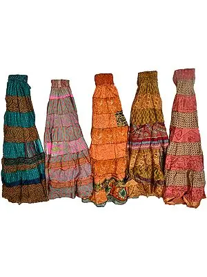 Lot of Five Printed Patchwork Sari Skirts with Wide Elastic Waist
