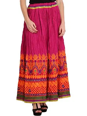 Fuchsia-Rose Ghagra Skirt from Gujarat with Embroidery on Border