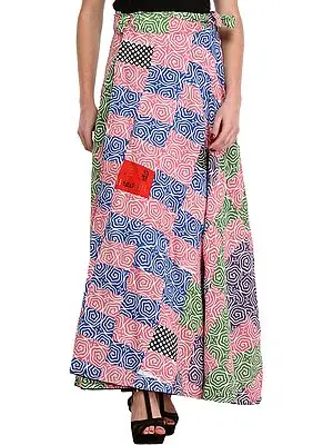 Tri-Color Printed Patchwork Wrap-Around Long Skirt