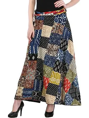 Wrap-Around Casual Long Skirt with Printed Patch-work