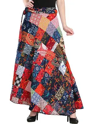 Wrap-Around Casual Long Skirt with Printed Patch-work