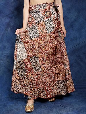 Wrap-Around Casual Long Skirt with Printed Patch-work