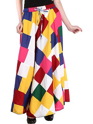 Multicolor Printed Patchwork Long Ghagra Skirt with Checks
