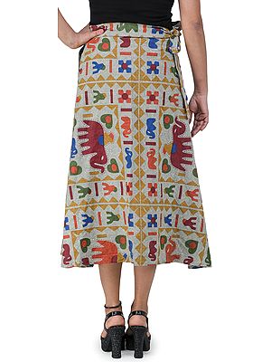 Wrap-Around Casual Stone-washed Midi Skirt with Printed Elephants
