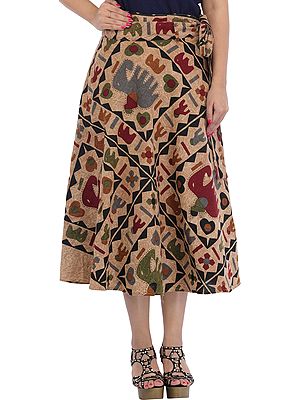 Wrap-Around Casual Stone-washed Midi Skirt with Printed Elephants