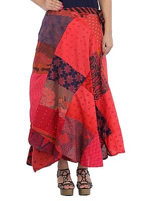 Wrap-Around Long Skirt with Printed Patch-work