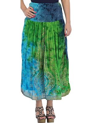 Long Printed Skirt with Embroidered-Sequins and Wide Elastic Waist