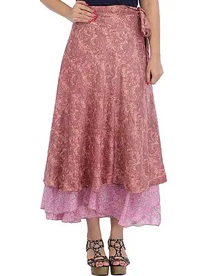 Lilac and Pink Wrap-Around Layered Vintage Sari Magic Skirt with Floral-Print
