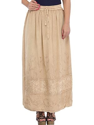 Stone-washed Long Skirt with Thread-Embroidery on Border