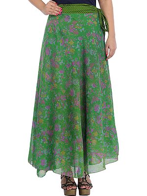 Medium-Green Wrap-Around Vintage Sari Long Skirt with Printed Flowers