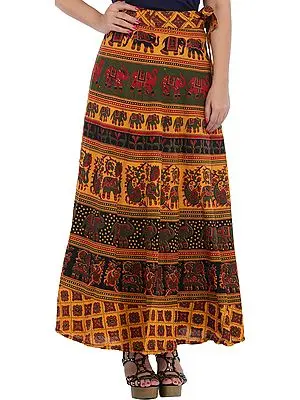 Marigold Wrap-Around Long Skirt from Pilkhuwa with Printed Elephants