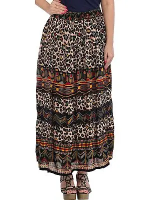Multicolored Long Skirt with Printed Leopard-Spots