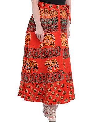 Wrap-Around Long Skirt from Pilkhuwa with Printed Paisleys and Elephants