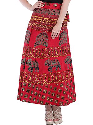 Wrap-Around Long Skirt from Pilkhuwa with Printed Paisleys and Elephants
