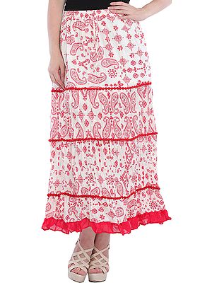 White and Red Long Skirt with Printed Paisleys