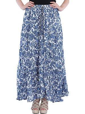 White and Blue Elastic Long Skirt with Paisleys Print All-Over