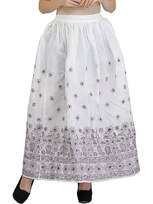 White Long Lucknowi Chikan Hand-Embroidered Skirt