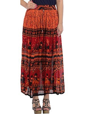 Red and Orange Elastic Long Skirt with Printed Elephants