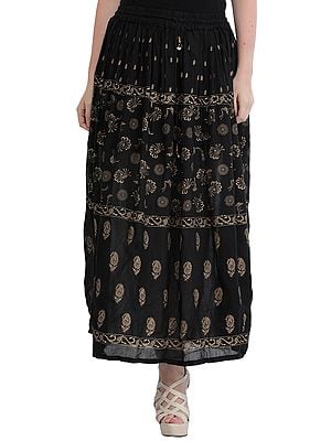 Jet-Black Elastic Long Skirt with Golden Print