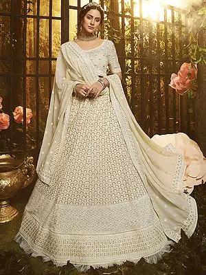 Milky-White Georgette Frill Lehenga Choli with All Over Beats Work and Embroidered Dupatta
