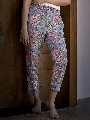 Horizon-Blue Cotton Pants With All-Over Floral Print