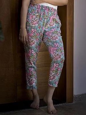 Horizon-Blue Cotton Pants with All-Over Floral Print