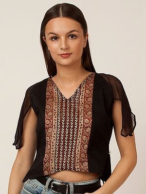 Black Chanderi Silk Printed Raglan Sleeve Crop Top