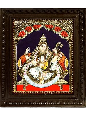Goddess Saraswati Seated on Golden Throne Wearing White Sari | Framed Tanjore Painting