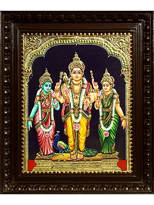 Karttikeya with His Two Wives Valli and Deivayanai | Tanjore Painting