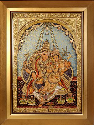 Goddess Rajarajeshwari and Lord Shiva on a Swing (Framed)