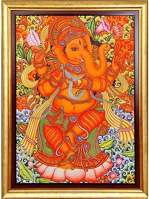 Lord Ganesha Dancing on Lotus (Framed)