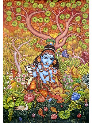 Baby Krishna Playing Flute in Vrindavan