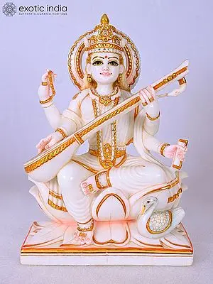 14" Goddess Saraswati | Marble Statue | Exquisite Indian Art