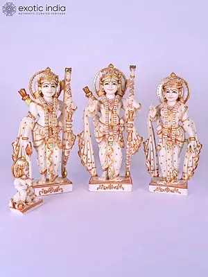 Marble Ram Darbar Sculpture Featuring Lord Rama, Sita, and Lakshman (17" Height)