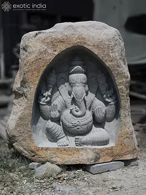 55" Four Armed Lord Ganesha Statue Carved in Granite