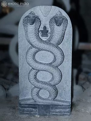 Shivalinga Protected by Twin Cobras - 32" Granite Sculpture