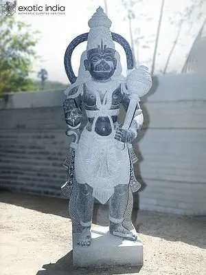 80" Lord Hanuman Holding Mace | Granite Statue | Handmade Indian Art
