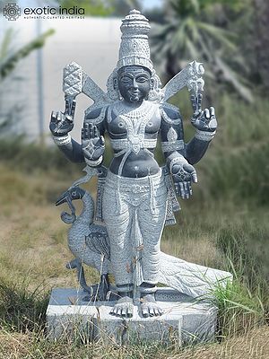 53" Large Size Lord Murugan Standing with Peacock | Granite Statue | Handmade Indian Art