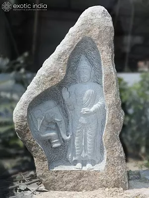 89" Lord Buddha Blessing Elephant | Stone Statue | Handmade Indian Art
