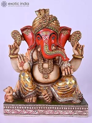 12" Chaturbhuj Ganesha Marble Statue - Divine Elephant Deity Sculpture