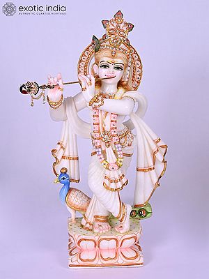 Lord Krishna Playing Flute with Peacock | 18" Marble Statue