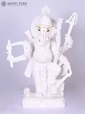 25" Four Armed Lord Ganesha Holding Trident and Mace | Marble Statue | Handmade Indian Art