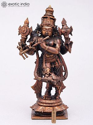 Small Copper Krishna Statue Playing Flute