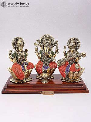 14" Lakshmi Ganesha Saraswati | Superfine Brass Statues with Inlay Work on Wood Base