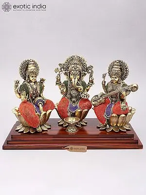 14" Lakshmi Ganesha Saraswati | Superfine Brass Statues with Inlay Work on Wood Base