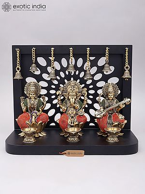 11" Lakshmi Ganesha Saraswati Divine Trio with Hanging Bells | Designer Wood Framed Brass Statues