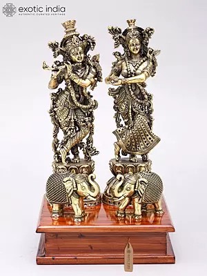 Brass Radha Krishna Sculpture with Elephants, 9" on Wooden Base