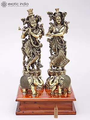 9" Superfine Standing Radha Krishna with Elephants | Brass Statues on Wood Base
